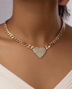 Women Necklace Heart Pendant Chunky Chain Gold & Silver C Steel Fashion Jewelry