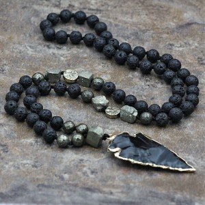 Lava Rock Beaded Necklace with Obsidian Arrowhead