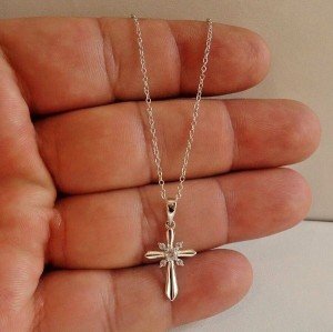 Sterling Silver Cross Pendant Necklace with Lab Diamonds