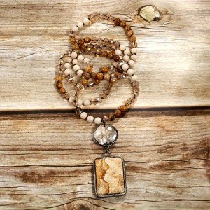 Boho Brown Pendant Necklace with Colorful Stone Beads