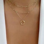Gold Multi-Layered Chain Necklace with Circle Pendant