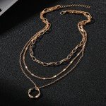 Gold Multi-Layered Chain Necklace with Circle Pendant