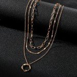 Gold Multi-Layered Chain Necklace with Circle Pendant