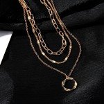 Gold Multi-Layered Chain Necklace with Circle Pendant