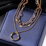 Gold Multi-Layered Chain Necklace with Circle Pendant