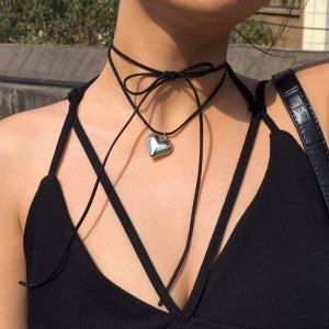 Goth Black Velvet Heart Pendant Choker Necklace
