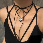Ingemark Goth Black Velvet Big Heart Pendant Choker Necklace Women Knotted Bowknot Adjustable Rope Chain Jewelry Wed Accessories