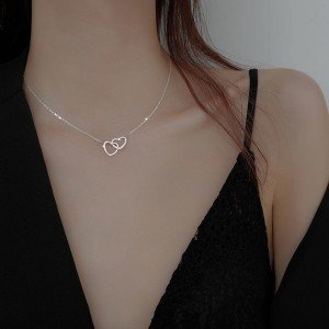 Double Heart Silver Necklace for Women