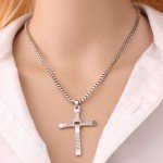 Silver Rhinestone Jesus Cross Pendant Necklace for Men