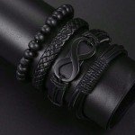 Men's 6-Piece Black Leather Beaded Bracelet Set