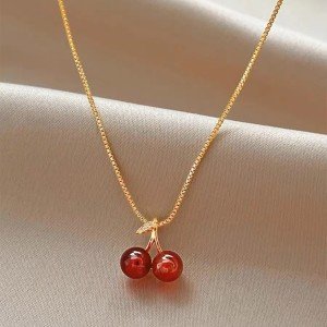 Wine Red Cherry Pendant Necklace with Golden Chain