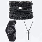 6-Piece Black Leather Beaded Bracelet & Necklace Set