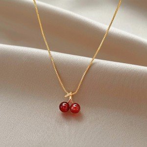 Wine Red Cherry Pendant Necklace with Golden Chain