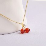 Wine Red Cherry Pendant Necklace with Golden Chain
