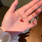 Wine Red Cherry Pendant Necklace with Golden Chain