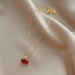 Wine Red Cherry Pendant Necklace with Golden Chain