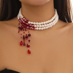 Vintage Red Tassel Pendant Necklace with Pearls
