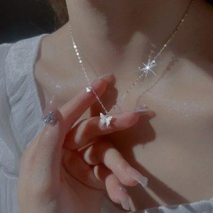 Silver Butterfly Pendant Necklace with Crystal Charm