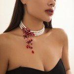 Vintage Red Tassel Pendant Necklace with Pearls