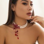 Vintage Red Tassel Pendant Necklace with Pearls