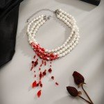 Vintage Red Tassel Pendant Necklace with Pearls