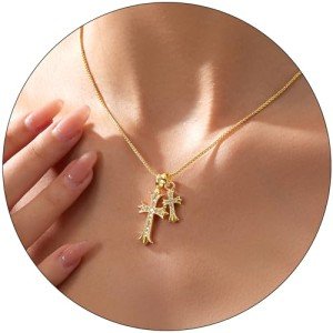 Partm Double Cross Necklace for Women Dainty Cross Pendant Choker 14K Gold Plated Trendy CZ Diamond Cross Charm Necklace Hypoallergenic Non Tarnish Delicate Faith Jewelry Religious Gifts for Women