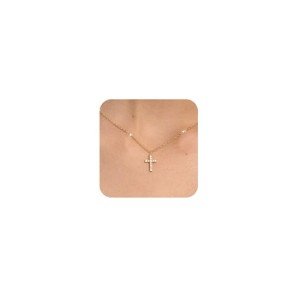 Tewiky Cross Necklace for Women, Dainty Simple 14k Gold Plated Cross Pendant Cute Necklaces for Women Gold Jewelry