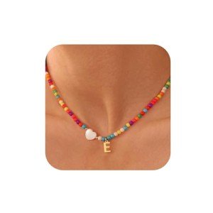 Ursteel Initial Necklaces for Women - Beaded Choker Simple Necklace for Women, Handmade Letter E Choker Heart Necklace Jewelry for Women Personalized Gifts