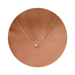 Galis Dainty Necklace - Gold Plated 18" Choker Necklace for Women with Small Round Faux Diamond Pendant, Trendy Simple Necklace for Women, CZ Diamond Solitaire Necklace for Women with Lobster Clasp