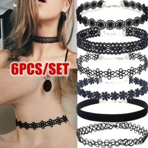 6pc Choker Necklace Set Black Velvet Classic Women Chain Collar Lace Stretchy