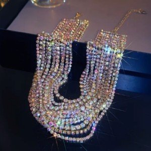 Rhinestone Aurora Borealis 12 Row Choker Necklace Strand Wide Collar STUNNING AB