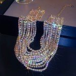 Rhinestone Aurora Borealis 12 Row Choker Necklace Strand Wide Collar STUNNING AB