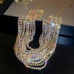 Rhinestone Aurora Borealis 12 Row Choker Necklace Strand Wide Collar STUNNING AB