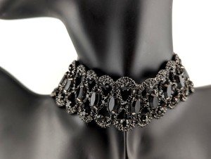 wide black glass rhinestone choker 10-16.5" gunmetal/pewter collar necklace 6H