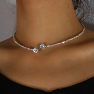 Rhinestone Heart Necklace Tennis Choker 1 Row Silver Cubic Zirconia Dainty Jewel