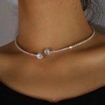 Rhinestone Heart Necklace Tennis Choker 1 Row Silver Cubic Zirconia Dainty Jewel
