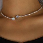 Rhinestone Heart Necklace Tennis Choker 1 Row Silver Cubic Zirconia Dainty Jewel