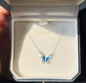 18K White Gold Plated CZ Blue Enamel Butterfly Silver Necklace Choker I41