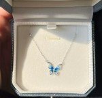 18K White Gold Plated CZ Blue Enamel Butterfly Silver Necklace Choker I41