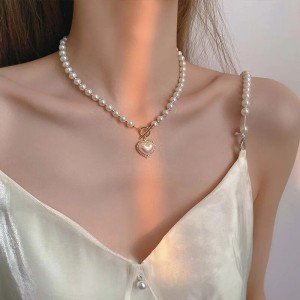 Immortal Temperament Imitation Pearl Heart Necklace Cold Style Sweet Simple Ot Buckle Choker Women