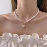Immortal Temperament Imitation Pearl Heart Necklace Cold Style Sweet Simple Ot Buckle Choker Women