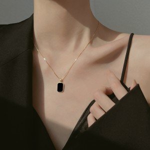 ZAKOL Simple Stainless Steel Rectangular Pendant Necklaces For Women Girls Korean Black GoldClavicle Chain Choker Jewelry Gift