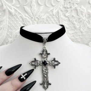 Goth Limited Black Velvet Cross Choker Bead Necklace Grunge Black Velvet Jewelry Gorgeous Women Punk Gift Statement New Gothic