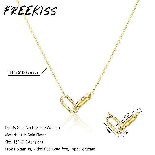 Freekiss Gold Pendant Necklace for Women: Dainty Diamond Necklaces Simple 14K Gold Plated Paperclip Pendant Choker Necklaces Cute CZ Open Oval Necklaces Trendy Gold Jewelry for Women