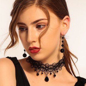 Party Jewelry Gothic Black Beaded Flowers Sexy Lace Neck Choker Necklace Vintage Tassel Chain Women Steampunk Halloween Jewelry