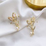 Luxury Zircon Tulip Flower Pearl Brooches For Women Pink Crystal Floral Leaf Lapel Pins Banquet Patry Clothes Corsage Jewelry