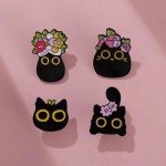 Floral Black Cats Enamel Pins Cartoon Kitten Brooches Lapel Badges Animal Plant Funny Jewelry Gift For Best Friends Wholesale