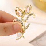 Luxury Zircon Tulip Flower Pearl Brooches For Women Pink Crystal Floral Leaf Lapel Pins Banquet Patry Clothes Corsage Jewelry