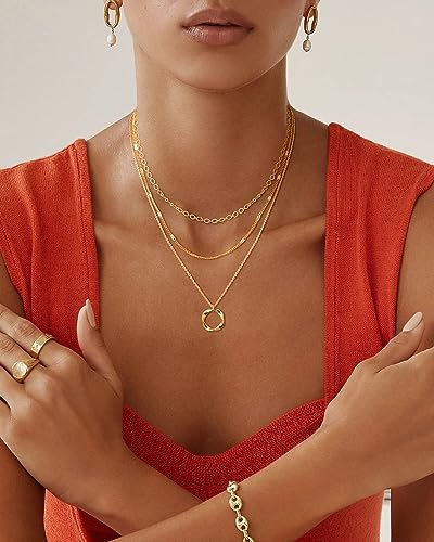Picuzzy Layered Gold Choker Necklaces for Women, Stackable Stacked Stacking Layering Dainty 14K Gold Plated Necklace Beach Circle Paperclip Cute Pendant Chain Necklaces Trendy Jewelry Set for Women
