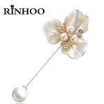 Rinhoo Imitation Pearl Shell Camellia Flower Brooch For Women White Floral Petal Bouquet Long Needle Shirt Collar Lapel Pin Gift